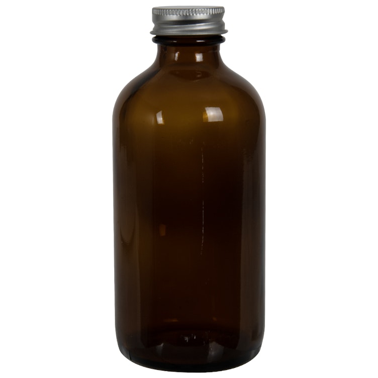 8 oz. Amber Glass Food-Grade Boston Round Bottle with 28/400 Brushed Silver Aluminum Cap with Foam Liner