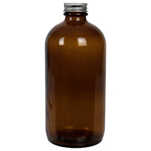 16 oz. Amber Glass Boston Round Bottle with 28/400 Brushed Silver Aluminum Cap with Foam Liner