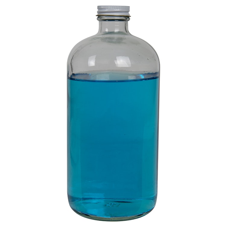 32 oz. Clear Glass Boston Round Bottle with 33/400 White/Gold Tin Cap with Pulp/PE Liner