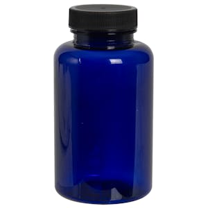 200cc Cobalt Blue PET Packer Bottle with 38/400 Black Ribbed Cap with F217 Liner