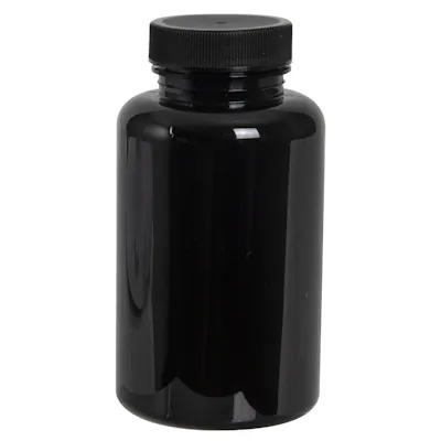 100cc Dark Amber PET Packer Bottle with 38/400 Black Ribbed Cap with F217 Liner