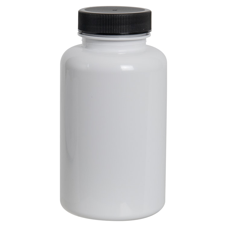 120cc White PET Packer Bottle with 38/400 Black Ribbed Cap with F217 Liner