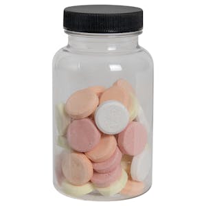 225cc Clear PET Packer Bottle with 45/400 Black Ribbed Cap with F217 Liner