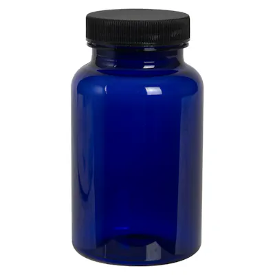 225cc Cobalt Blue PET Packer Bottle with 45/400 Black Ribbed Cap with F217 Liner