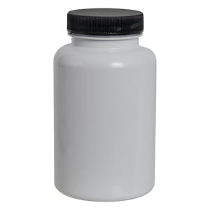 250cc White PET Packer Bottle with 45/400 Black Ribbed Cap with F217 Liner