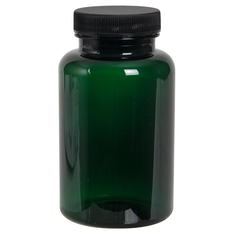 250cc Dark Green PET Packer Bottle with 45/400 Black Ribbed Cap with F217 Liner