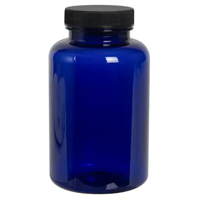 300cc Cobalt Blue PET Packer Bottle with 45/400 Black Ribbed Cap with F217 Liner