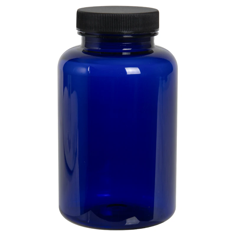 300cc Cobalt Blue PET Packer Bottle with 45/400 Black Ribbed Cap with F217 Liner