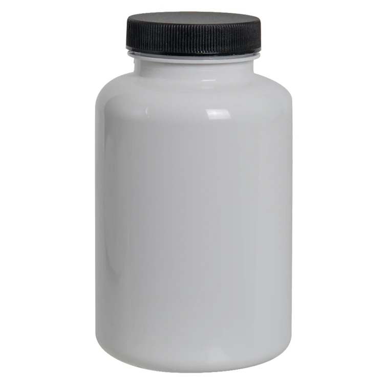 300cc White PET Packer Bottle with 45/400 Black Ribbed Cap with F217 Liner