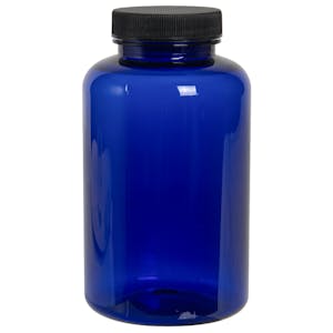 400cc Cobalt Blue PET Packer Bottle with 45/400 Black Ribbed Cap with F217 Liner