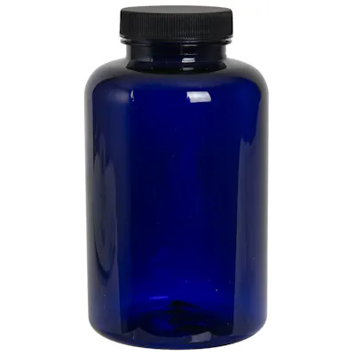 500cc Cobalt Blue PET Packer Bottle with 45/400 Black Ribbed Cap with F217 Liner