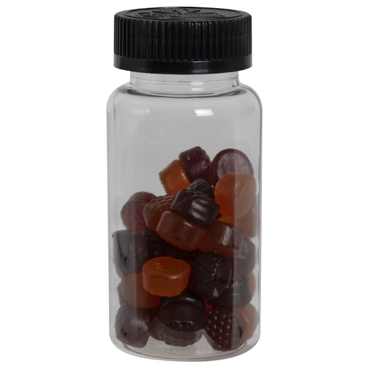 120cc Clear PET Packer Bottle with 38/400 Black Ribbed CRC Cap with F217 Liner