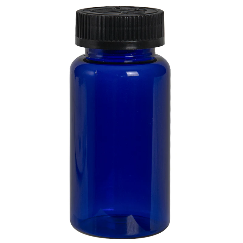 150cc Cobalt Blue PET Packer Bottle with 38/400 Black Ribbed CRC Cap with F217 Liner