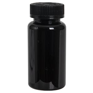 100cc Dark Amber PET Packer Bottle with 38/400 Black Ribbed CRC Cap with F217 Liner
