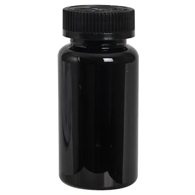 100cc Dark Amber PET Packer Bottle with 38/400 Black Ribbed CRC Cap with F217 Liner