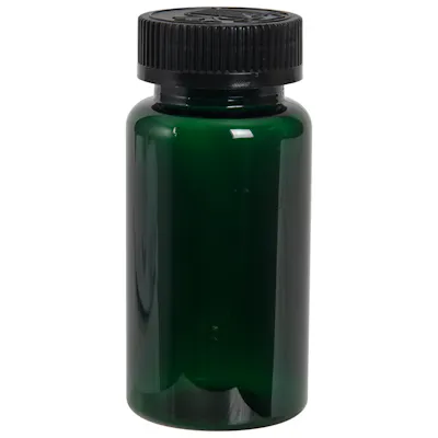 120cc Dark Green PET Packer Bottle with 38/400 Black Ribbed CRC Cap with F217 Liner