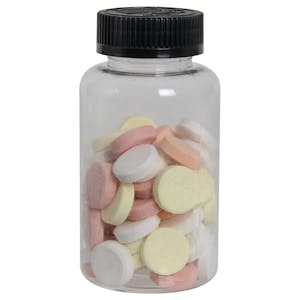200cc Clear PET Packer Bottle with 38/400 Black Ribbed CRC Cap with F217 Liner