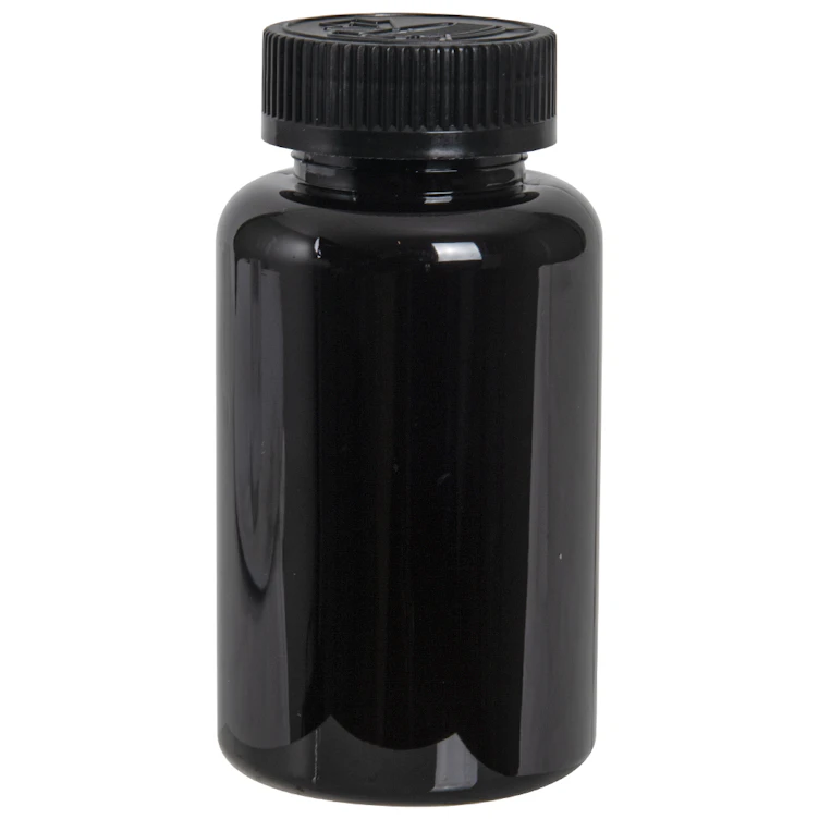 200cc Dark Amber PET Packer Bottle with 38/400 Black Ribbed CRC Cap with F217 Liner