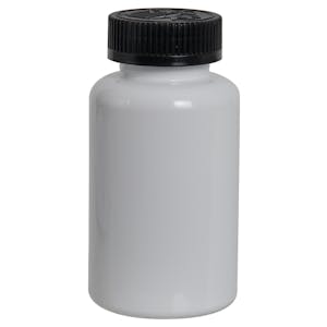 200cc White PET Packer Bottle with 38/400 Black Ribbed CRC Cap with F217 Liner