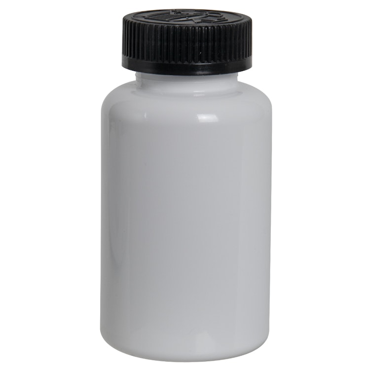 200cc White PET Packer Bottle with 38/400 Black Ribbed CRC Cap with F217 Liner