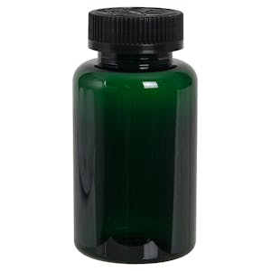 200cc Dark Green PET Packer Bottle with 38/400 Black Ribbed CRC Cap with F217 Liner