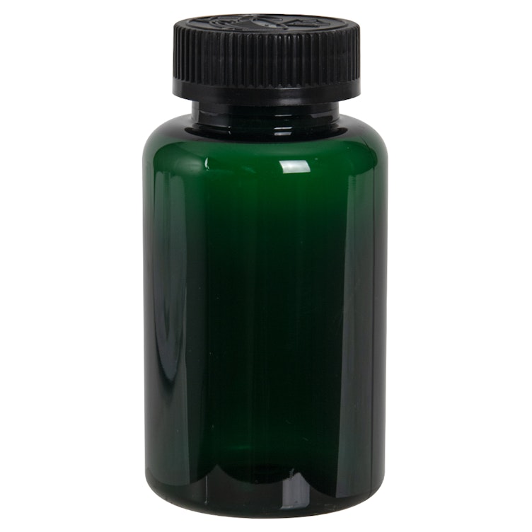 200cc Dark Green PET Packer Bottle with 38/400 Black Ribbed CRC Cap with F217 Liner