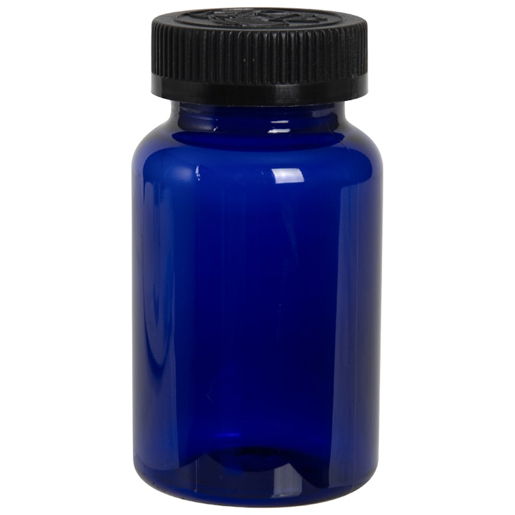 225cc Cobalt Blue PET Packer Bottle with 45/400 Black Ribbed CRC Cap with F217 Liner