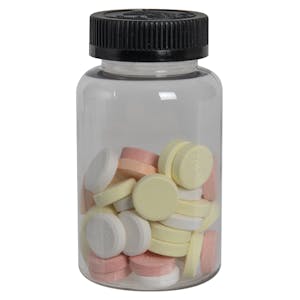 250cc Clear PET Packer Bottle with 45/400 Black Ribbed CRC Cap with F217 Liner