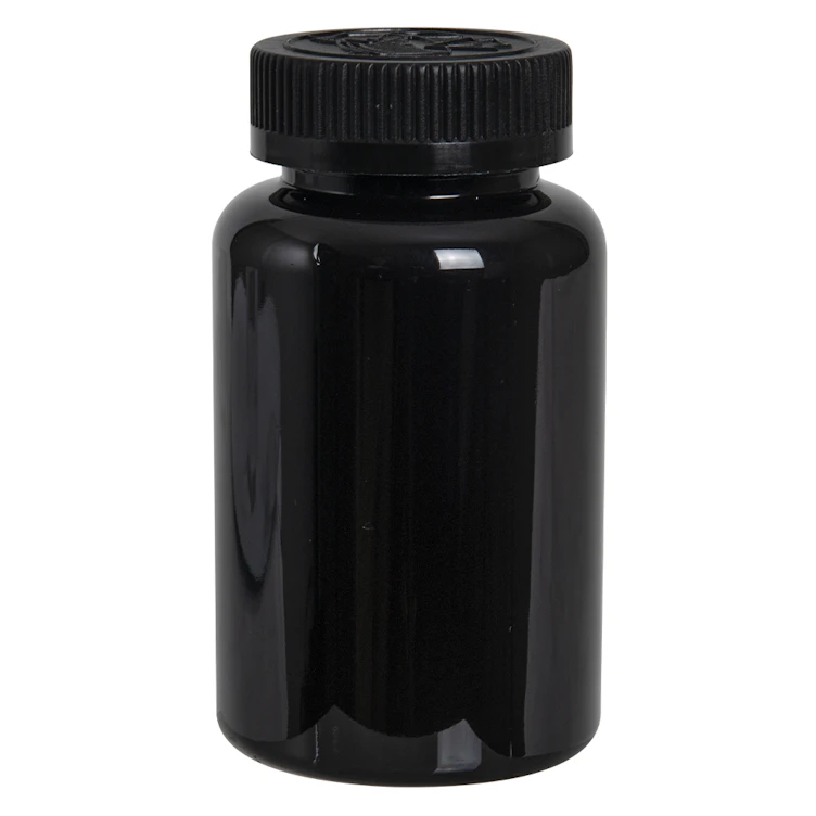 250cc Dark Amber PET Packer Bottle with 45/400 Black Ribbed CRC Cap with F217 Liner