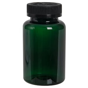 250cc Dark Green PET Packer Bottle with 45/400 Black Ribbed CRC Cap with F217 Liner