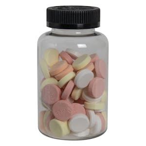 300cc Clear PET Packer Bottle with 45/400 Black Ribbed CRC Cap with F217 Liner
