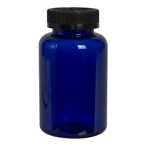 300cc Cobalt Blue PET Packer Bottle with 45/400 Black Ribbed CRC Cap with F217 Liner