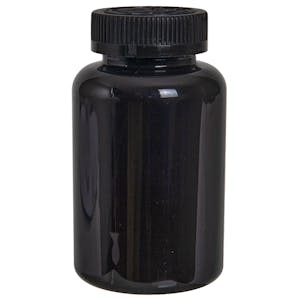 300cc Dark Amber PET Packer Bottle with 45/400 Black Ribbed CRC Cap with F217 Liner