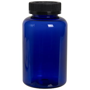 400cc Cobalt Blue PET Packer Bottle with 45/400 Black Ribbed CRC Cap with F217 Liner