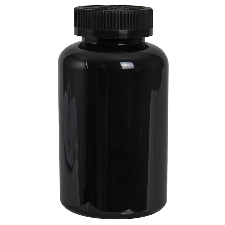400cc Dark Amber PET Packer Bottle with 45/400 Black Ribbed CRC Cap with F217 Liner