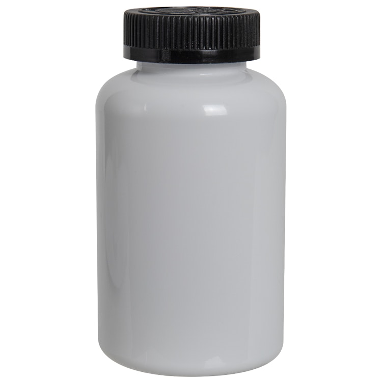 400cc White PET Packer Bottle with 45/400 Black Ribbed CRC Cap with F217 Liner