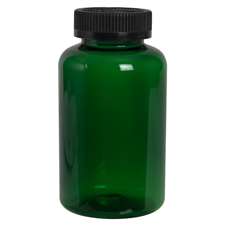 400cc Dark Green PET Packer Bottle with 45/400 Black Ribbed CRC Cap with F217 Liner