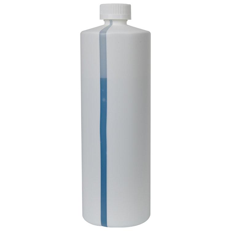 32 oz. White HDPE Cylindrical Easy-View Stripe Bottle with 28/410 White Ribbed CRC Cap with F217 Liner