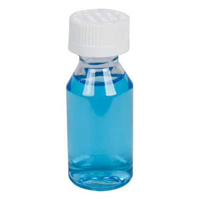 1 oz. Clear PET Modern Round Bottle with 20/410 White Ribbed Polypropylene Child-Resistant Cap (CRC) with F217 Liner