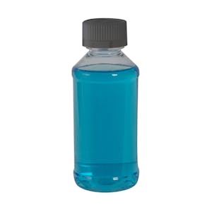 1 oz. Clear PET Modern Round Bottle with 20/410 Black Ribbed CRC Cap with F217 Liner