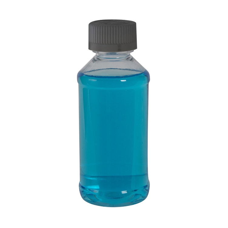 1 oz. Clear PET Modern Round Bottle with 20/410 Black Ribbed CRC Cap with F217 Liner