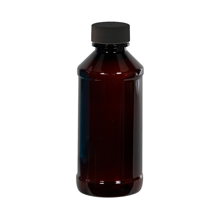 1 oz. Amber PET Modern Round Bottle with 20/410 Black Ribbed Cap with F217 Liner