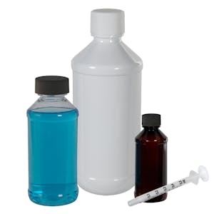 Round Liquid Bottles with Caps, Dosing Syringes & Adapters