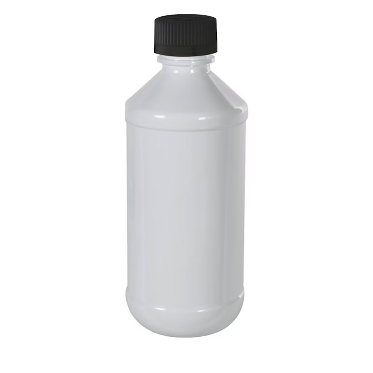 1 oz. White PET Modern Round Bottle with 20/410 Black Ribbed CRC Cap with F217 Liner
