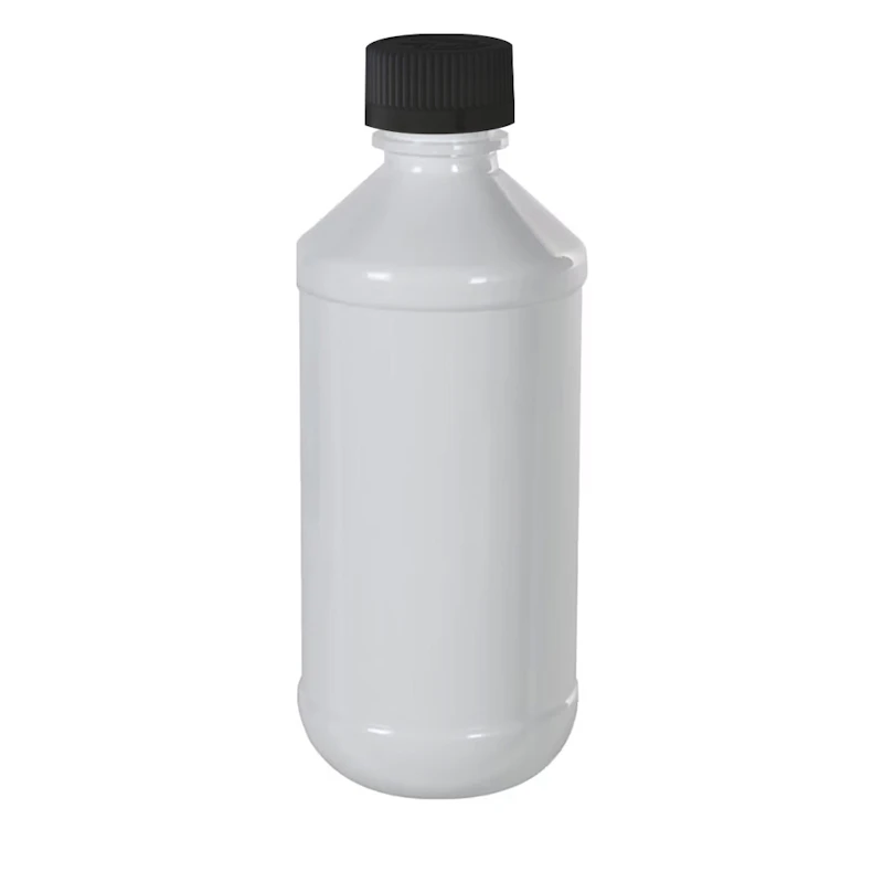 1 oz. White PET Modern Round Bottle with 20/410 Black Ribbed CRC Cap with F217 Liner