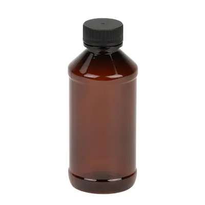 4 oz. Amber PET Modern Round Bottle with 24/400 Black Ribbed Cap with F217 Liner