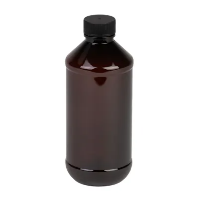 8 oz. Amber PET Modern Round Bottle with 24/400 Black Ribbed Cap with F217 Liner