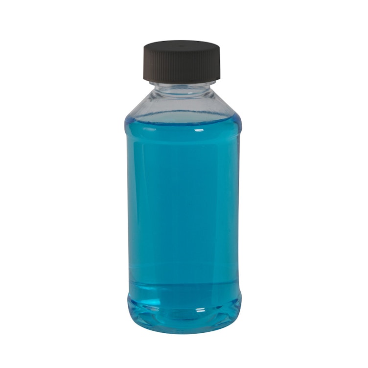 16 oz. Clear PET Modern Round Bottle with 24/400 Black Ribbed Cap with F217 Liner