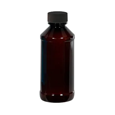 16 oz. Amber PET Modern Round Bottle with 28/400 Black Ribbed Cap with F217 Liner
