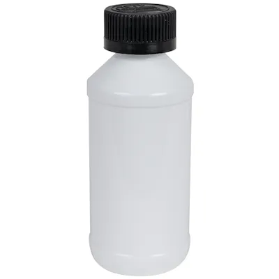 4 oz. White PET Modern Round Bottle with 24/400 Black Ribbed Child-Resistant Cap (CRC) with F217 Liner